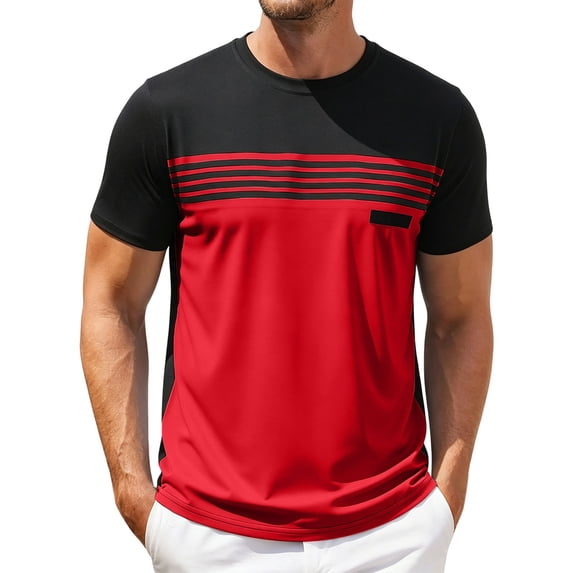 Men's Shirts, Men's Striped Color Block Tees Casual Crew Neck Short Sleeve T-Shirts Summer Fast Dry Ventilate Loose Workout Tops Red S