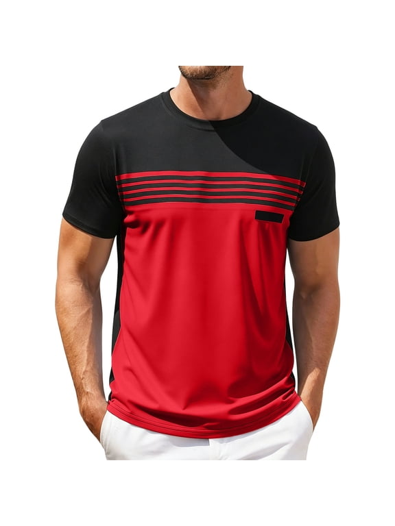 Men's Shirts, Men's Striped Color Block Tees Casual Crew Neck Short Sleeve T-Shirts Summer Fast Dry Ventilate Loose Workout Tops Red XXL