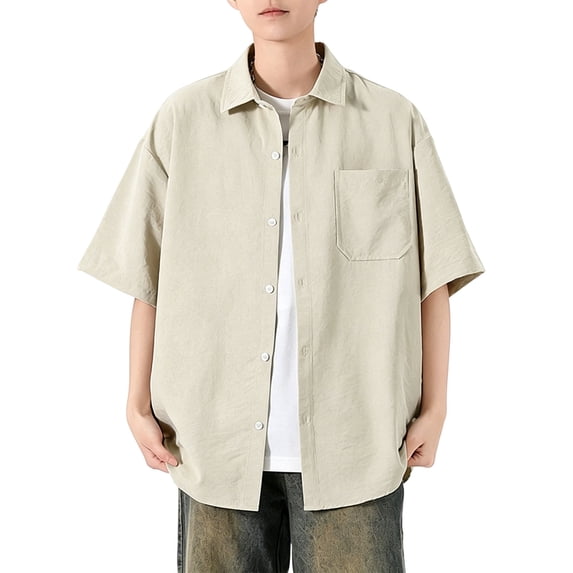 Men's Shirts, Men's T Shirts 2026 Plus Size Collar Shirts Half Sleeve Button Down Shirt with Pocket Summer Casual Solid Work T Shirts Beige M