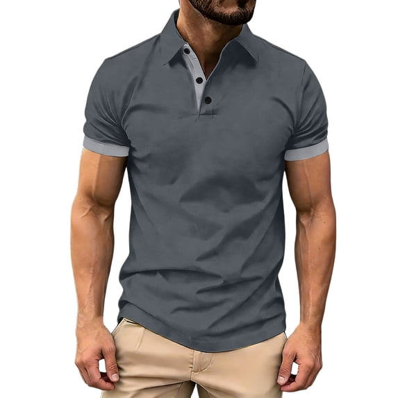 Men's Shirts, Mens Collared Shirts Short Sleeve Casual Golf Shirt Contrast Trim Button Placket Athletic Summer Work Top Travel Wear Dark Gray S