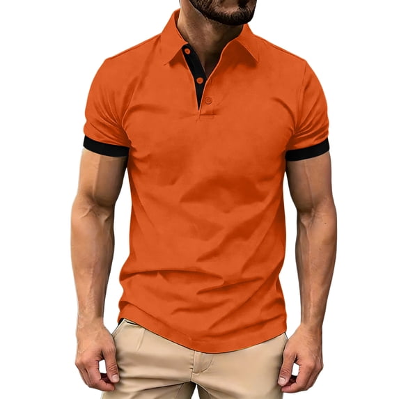 Men's Shirts, Mens Collared Shirts Short Sleeve Casual Golf Shirt Contrast Trim Button Placket Athletic Summer Work Top Travel Wear Orange S