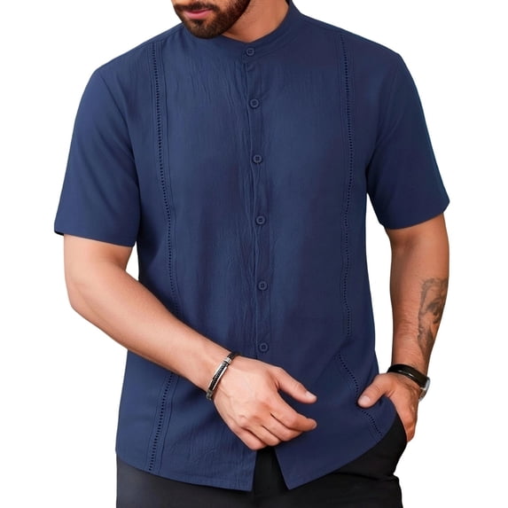 Men's Shirts, Mens Summer Linen Shirts Casual Short Sleeve Button Down Shirt Classic Lightweight Stand Neck Stylish Beach Tops Navy XXXL