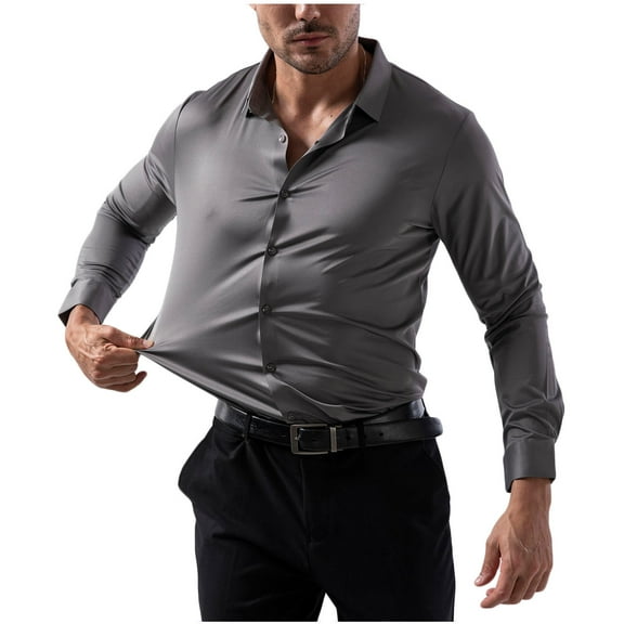 Men's Shirts Muscle Fit Long Sleeve Dress Shirt for Men Lapel Elastic Blouse Shirts Wrinkle Free Button Down Solid Business Tops