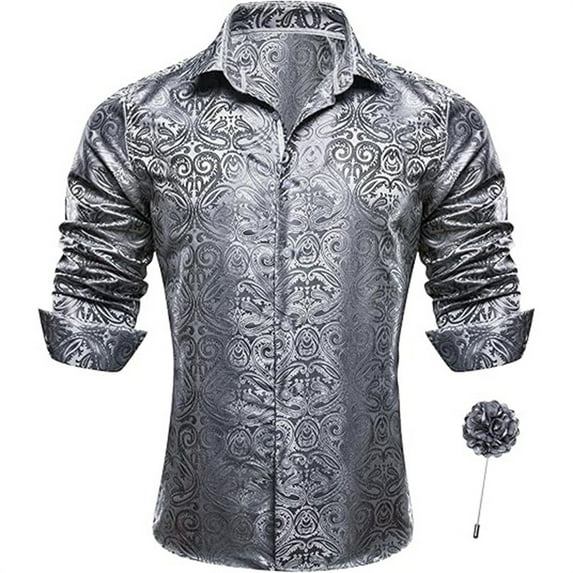 Men's Shirts Party Vintage Long Sleeve Button Down Slim Fit Textured Tops Comfy Solid Color Trendy Stretchy Floral Printed Men Dress Shirt