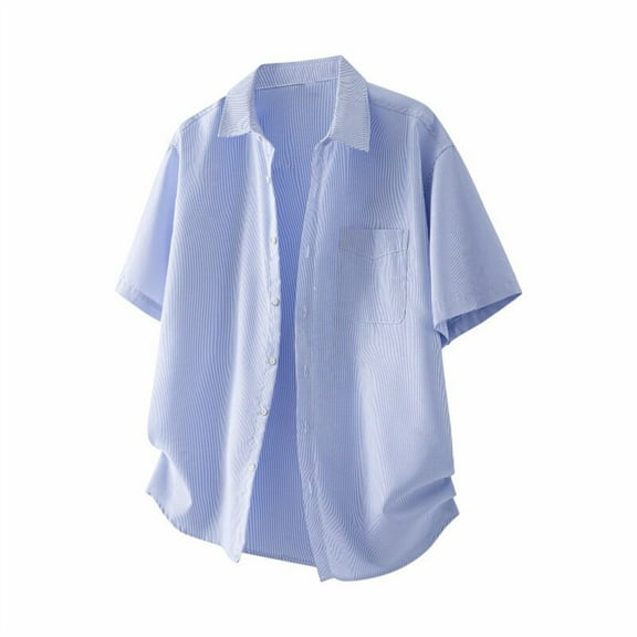 Men's Shirts Plus Size Summer Striped Casual Turndown Collar Short Sleeve Lapel Blouse Shirts