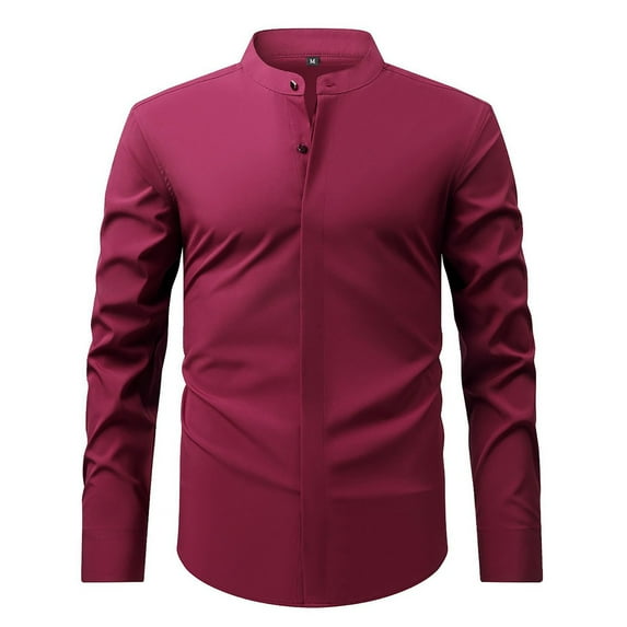 Men's Shirts Retro Stand Collar Long Sleeve Stretchy Business Tops Formal Solid Color Comfortable Men Dress Shirt