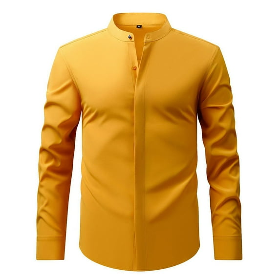 Men's Shirts Retro Stand Collar Long Sleeve Stretchy Business Tops Formal Solid Color Comfortable Mens Dress Shirt