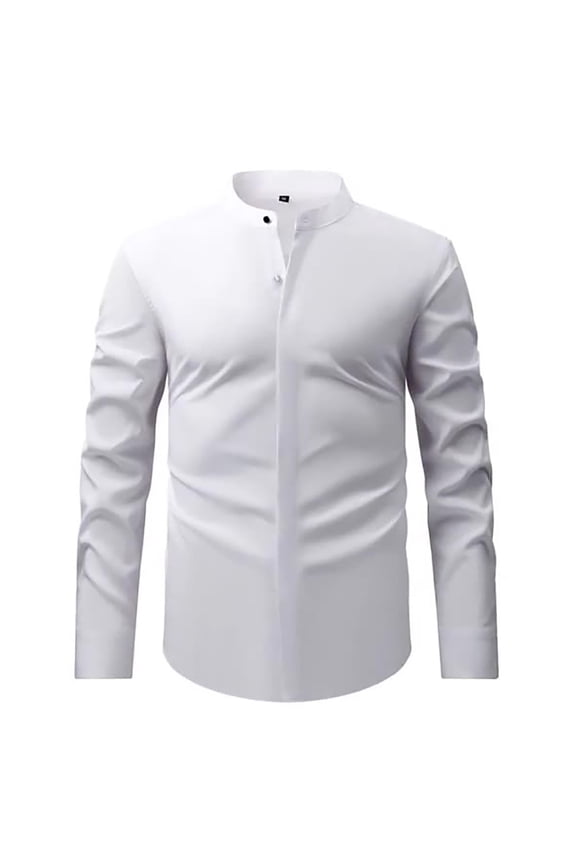 Men's Shirts Retro Stand Collar Long Sleeve Stretchy Business Tops Formal Solid Color Comfortable Mens Dress Shirts