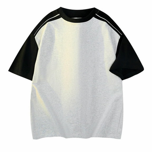 Men's Shirts Round Neck Loose Color Contrast Webbing Short Sleeve T-shirt Large Size Fashion Fallow Blouse Hiking Shirts for Men