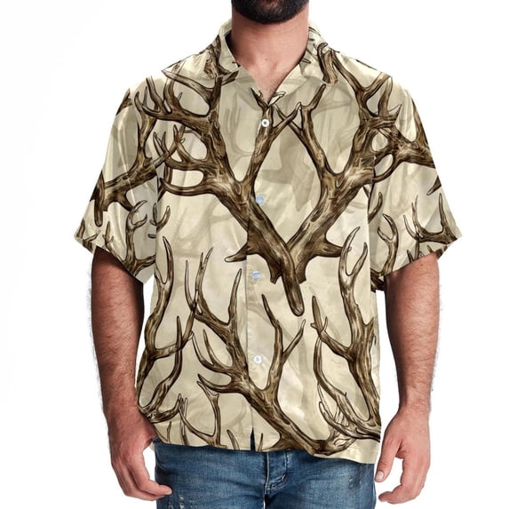 Men's Shirts Short Sleeve Casual Shirts Button Down Shirt for Men Vintage Elk Antler Print Beach Summer Wedding Shirt