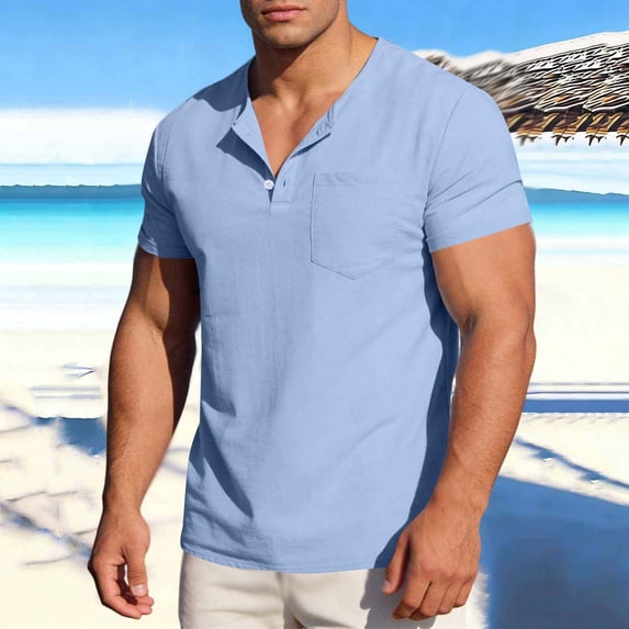 Men's Shirts Short Sleeve Casual Summer Cotton Shirts for Men Performance Collared Golf Shirts with Pocket (Sky Blue,S)