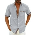thumbnail image 1 of Men's Shirts Short Sleeve Dress Shirts for Men Casual Plaid Collar Button Down Shirt Solid Turndown Collar T-shirts with Pocket, 1 of 5