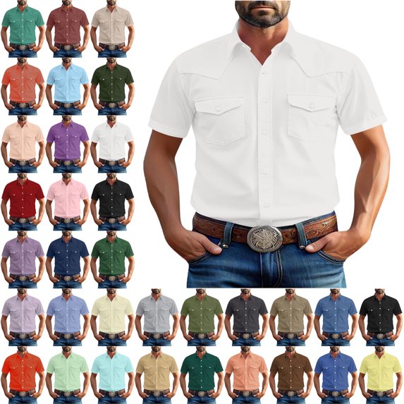 Men's Shirts Short Sleeve Fashionable Solid Color Pocket Casual Short Sleeve Turndown Collar Blouse Shirt Casual Shirts Button Down Shirt for Men Beach Summer Wedding Shirt