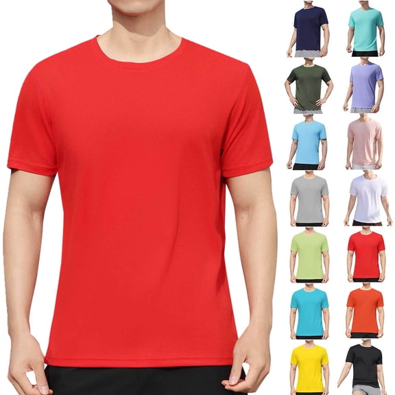 Men's Shirts Short Sleeve Man Solid-Color Casual Elastic Sports Short Sleeved Round-Neck Blouses Red XXXL