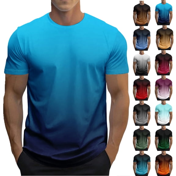 Men's Shirts Short Sleeve Men Summer Casual Pullover Round Collar Gradient Short Sleeve Blouse Shirt Blue L
