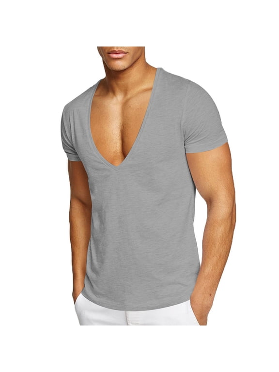 Men's Shirts Short Sleeve,Mens Deep V Neck T Shirt Stretch Muscle Gym Workout Tee Shirt Short Sleeve Slim Fit Low Cut Tops