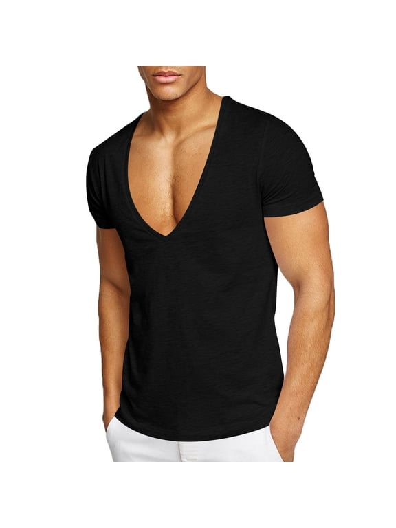 Mens Deep V Neck T Shirt Stretch Muscle Gym Workout Tee Shirt Short Sleeve Slim Fit Low Cut Tops