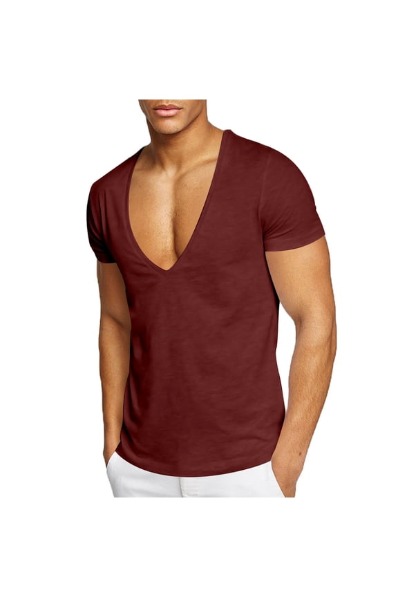 Mens Deep V Neck T Shirt Stretch Muscle Gym Workout Tee Shirt Short Sleeve Slim Fit Low Cut Tops