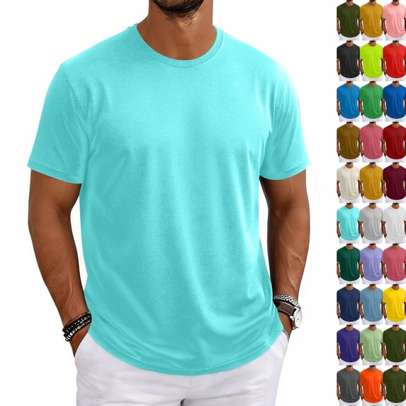 Men's Shirts Short Sleeve T-Shirt Crew Neck Light Tees Classic Basic Casual Tops Plain Soft Shirt Cyan M