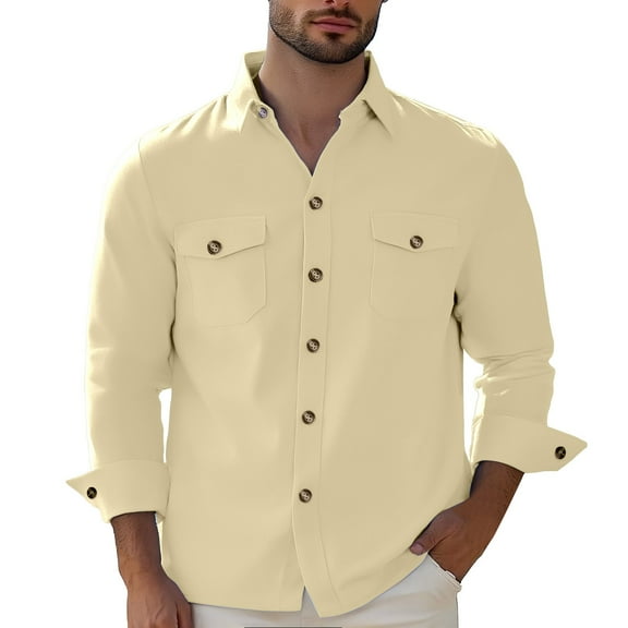 Men's Shirts Solid Color Casual Loose Business Long Sleeve with Double Pocket Shirt Top M