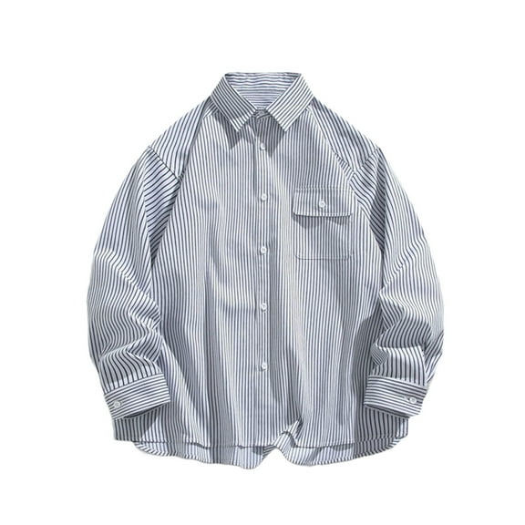 Men's Shirts Striped Long Sleeve Lapel Collar Button Down Lightweight Casual Shirt Jacket Tops with Pocket (4XL, White)