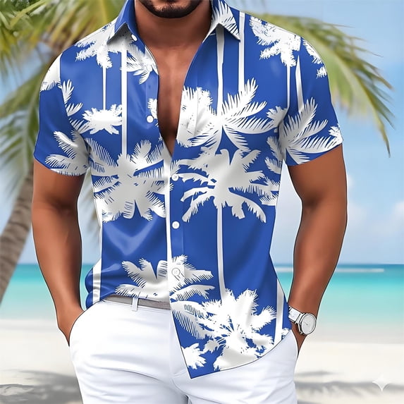Men's Shirts Summer Beach Short Sleeve Tropical Button Down Collar Loose Fit Relaxed Fit Blue Shirts L