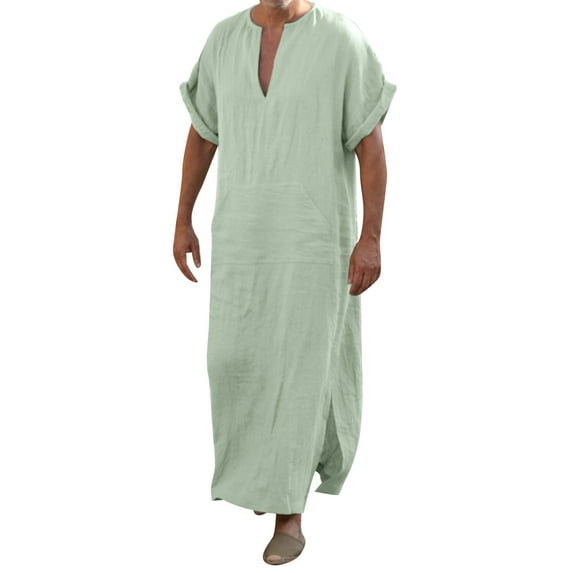 Men's Shirts Summer Kaftan Thobe V Neck Short Sleeve Long Gown Breathable Lightweight Robe Beach Shirts Green M