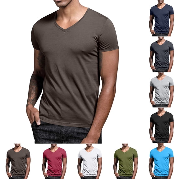 Men's Shirts Tank Tops Men Summer Men's Casual Fashion Solid Color Short Sleeved V-neck Top/Shirt Coffee L