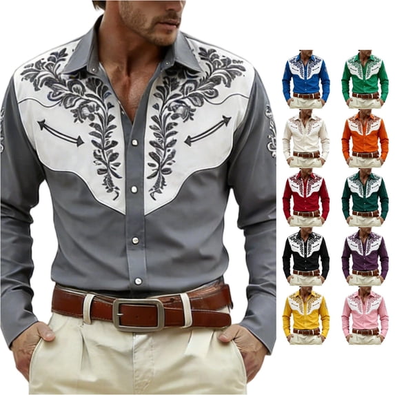 Men's Shirts – Western Embroidered Print Turn Down Collar Long Sleeve ...