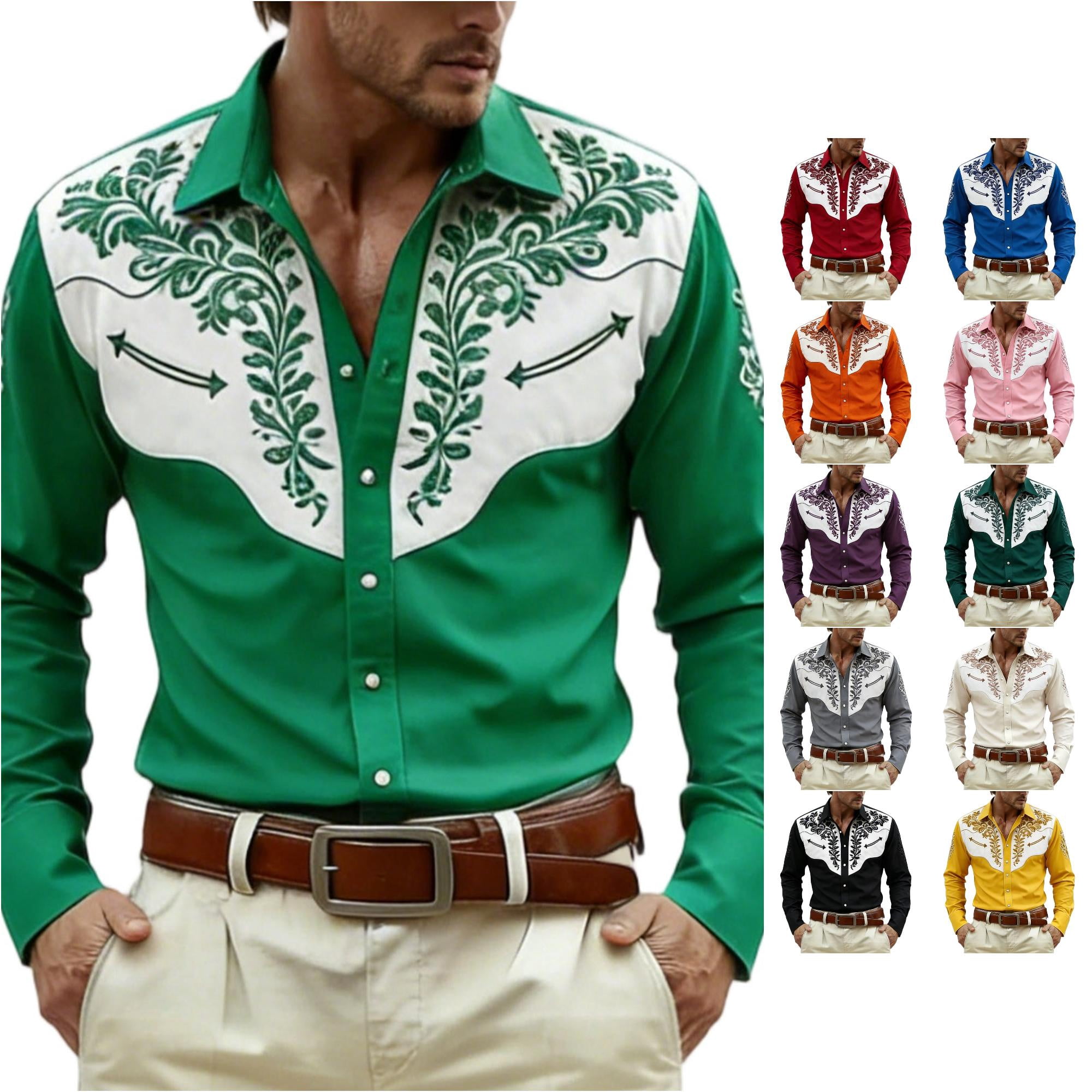 Large Turn Button Men's Shirts – Western Embroidered Print Turn Down Collar Long Sleeve ...