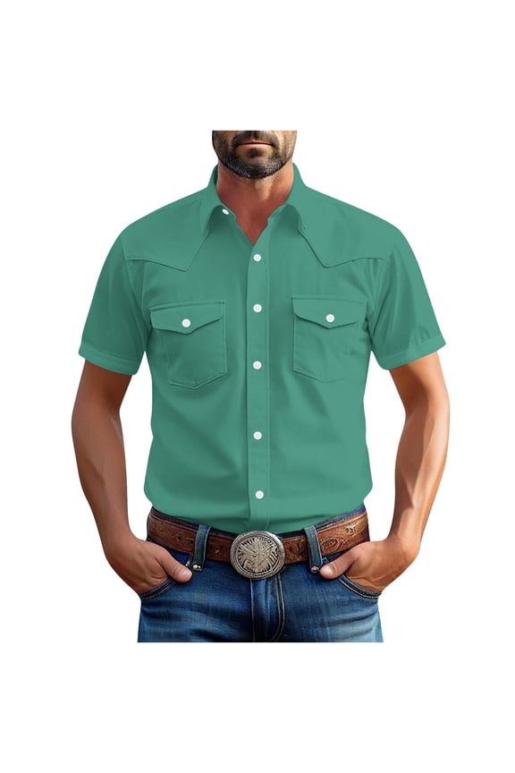 Men's Shirts Western Snap Short Sleeve Tops Casual Two Pockets Cotton Linen Classic Work T Shirts Solid Dressy Tees