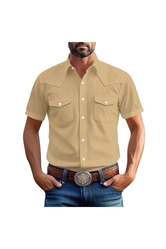 Men's Shirts Western Snap Short Sleeve Tops Casual Two Pockets Cotton Linen Classic Work T Shirts Solid Dressy Tees