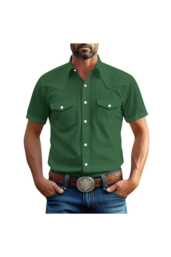 Men's Shirts Western Snap Short Sleeve Tops Casual Two Pockets Cotton Linen Classic Work T Shirts Solid Dressy Tees