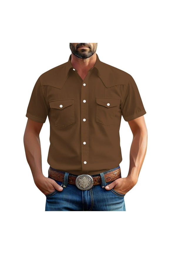 Men's Shirts Western Snap Short Sleeve Tops Casual Two Pockets Cotton Linen Classic Work T Shirts Solid Dressy Tees