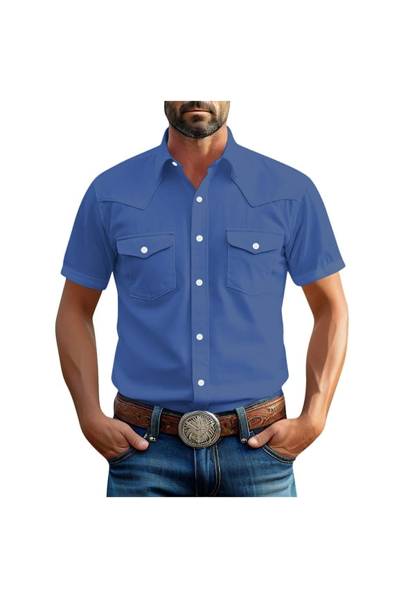 Men's Shirts Western Snap Short Sleeve Tops Casual Two Pockets Cotton Linen Classic Work T Shirts Solid Dressy Tees