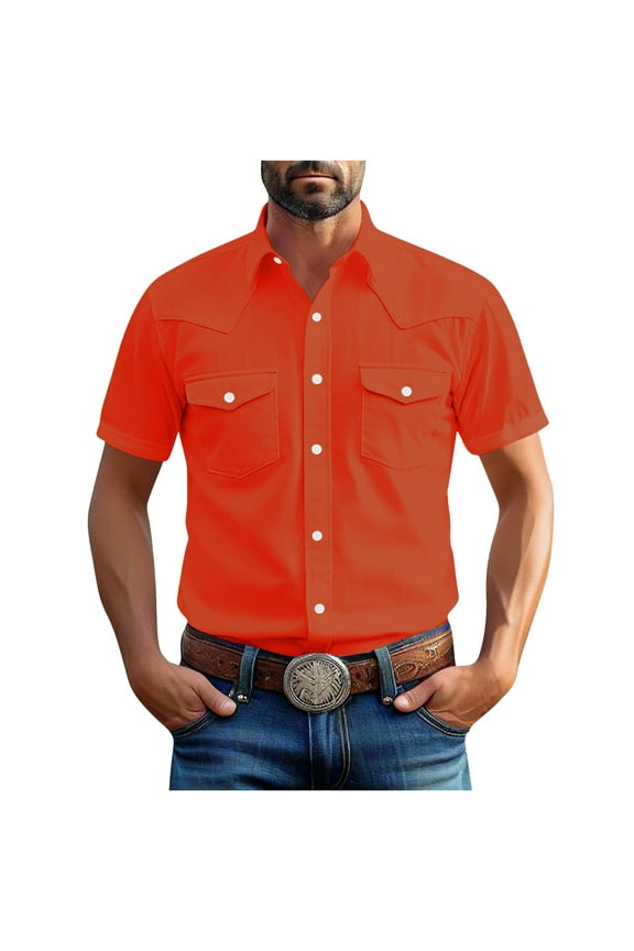 Men's Shirts Western Snap Short Sleeve Tops Casual Two Pockets Cotton Linen Classic Work T Shirts Solid Dressy Tees