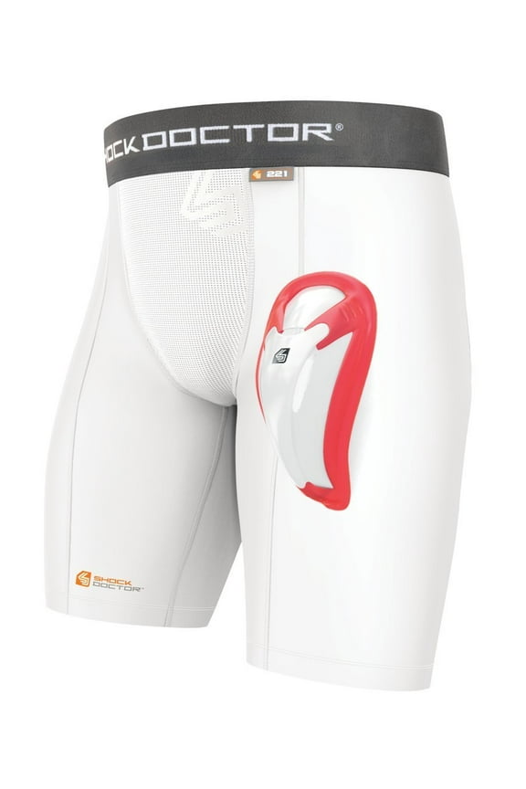 Compression Shorts Men, Protective Bio-Flex Cup, Moisture-Wicking, Vented Protection. Adult Men Sizes. White