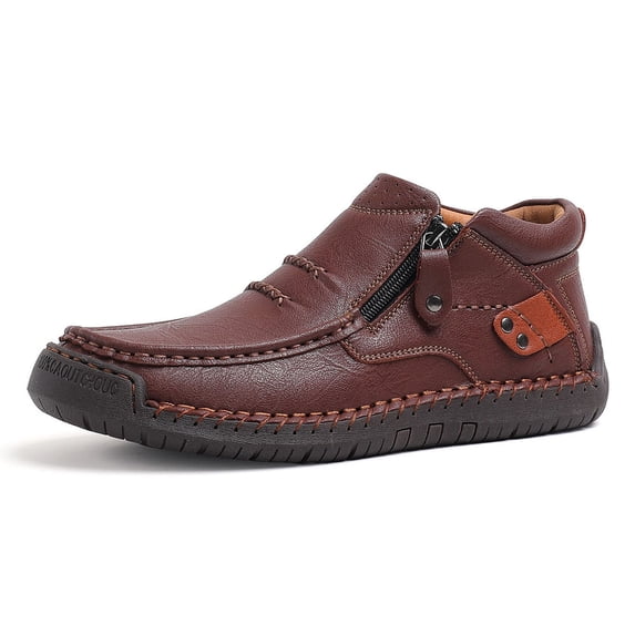 Men's Shoes Loafers Casual Driving Leather Slip Walking Boots Lightweight Ankle Fashion Comfortable Rubber hand-stitched Brown 11 US
