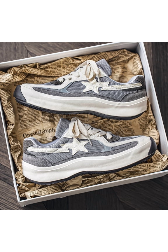 Men's Shoes Low-top Canvas Breathable Sports Casual Shoes, Star-decorated Versatile Sneakers, Black and White Contrasting Color Cool Thick-soled Anti-slip Design