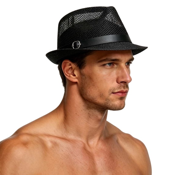 Men's Short Brim Straw Fedora Hat, Summer UV Protection Sun Hat, Breathable Mesh Trilby Hat Cuban Panama Hat for Dad Father Black-A