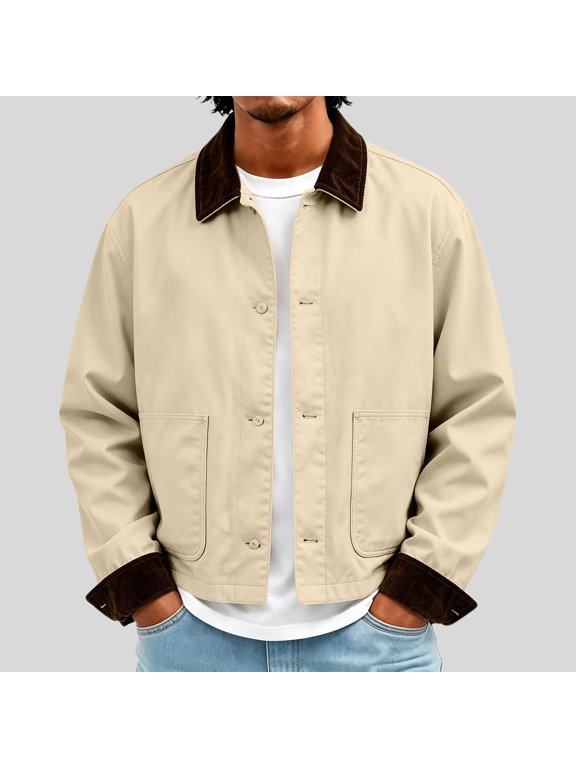 Men's Short Contrast Collar Work Jacket, Button Front Casual Outerwear, Corduroy Collar & Cuffs, Large Patch Pockets, Cropped Relaxed Fit, Suitable For City Casual Walking Khaki S