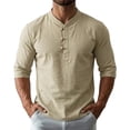 thumbnail image 1 of Men's Short Elbow Sleeve Collared Neck Faux Linen Casual Blouse, Summer Fall M, 1 of 9