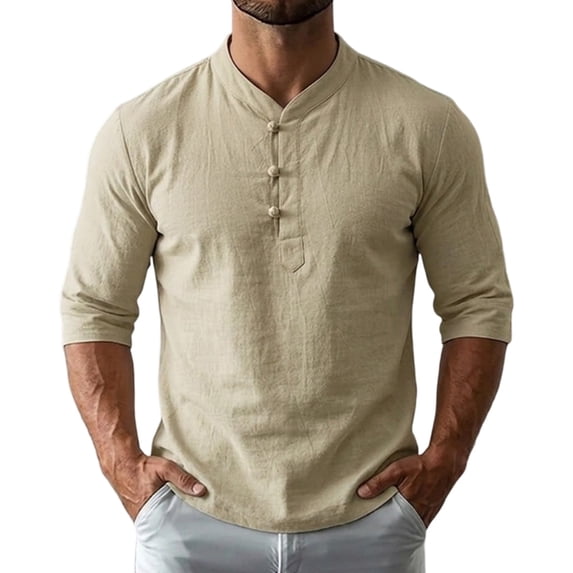 Men's Short Elbow Sleeve Collared Neck Faux Linen Casual Blouse, Summer Fall M