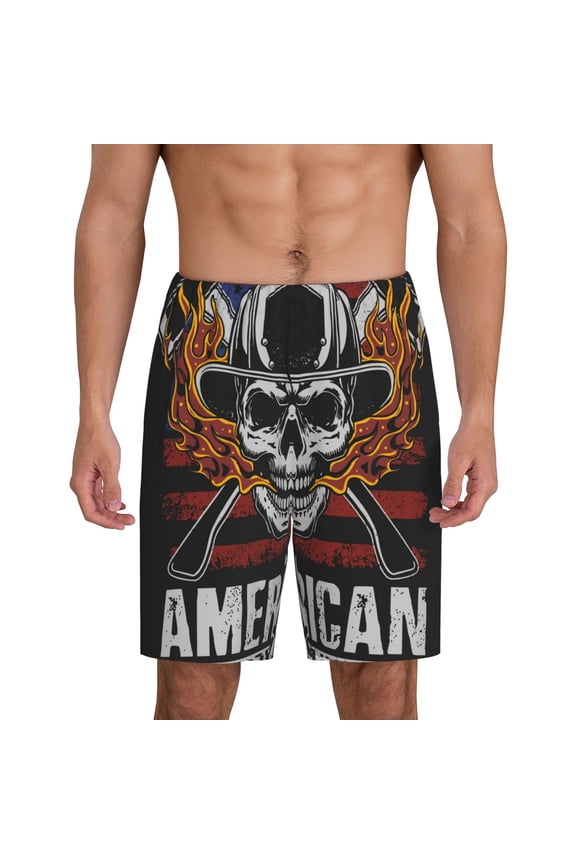 Men's Short Pajama Pants Shorts Loungewear Breathable Summer Nightwear, American Fire Fighter Skull