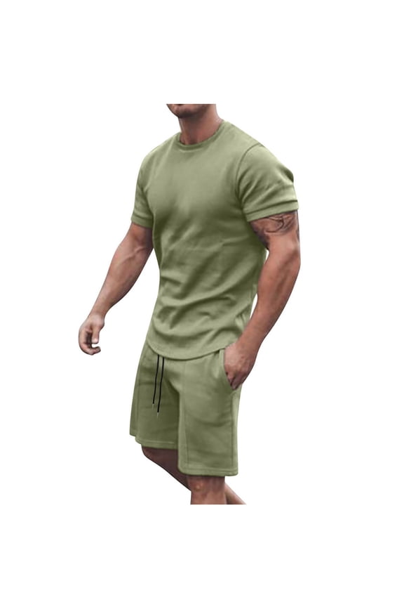 Men's Short Sets 2 Piece Outfits Solid Pull-On Tee Tops and Double Pockets Plain Shorts Summer Vacation Tracksuit Set