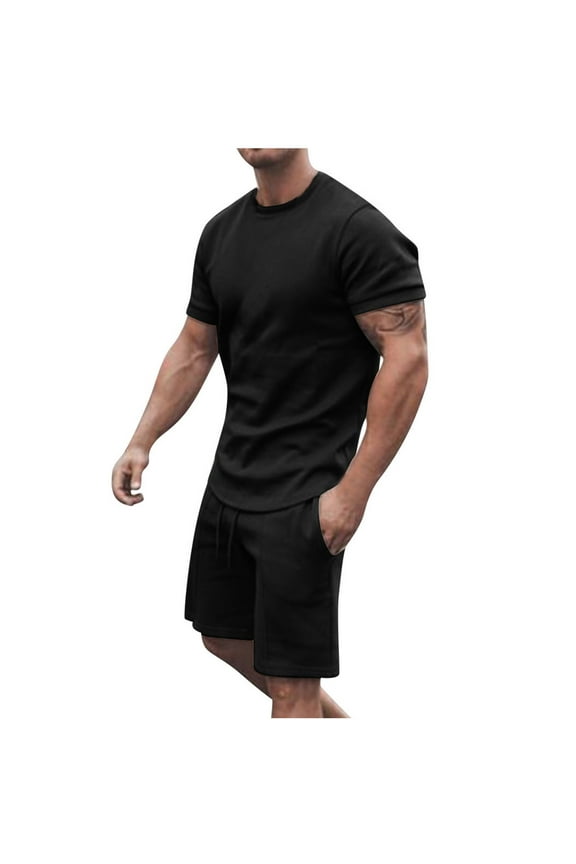 Men's Short Sets 2 Piece Outfits Solid Pull-On Tee Tops and Double Pockets Plain Shorts Summer Vacation Tracksuit Set