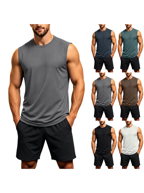 Men's Short Sets 2 Piece Outfits Summer Sets Comfortable Men's Solid Color Sleeveless Round Neck Elastic Waist Shorts Casual Sports Set Black M
