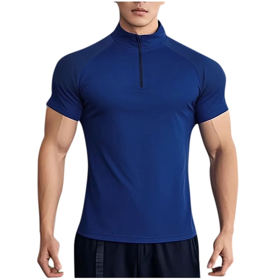 Men's Short Sleeve 1/4 Zip Jacquard Heather Workout Shirt Muscle Fit Performance Fitness Training Top Moisture Wicking Quick Dry Mock Neck Tee for Bodybuilding