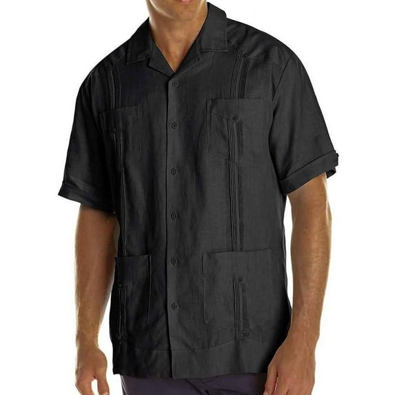 Men's Short Sleeve 100% Linen Guayabera SIZE:L COLOR:BK