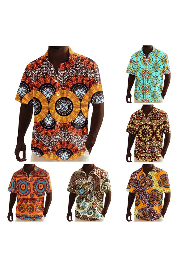 Men's Short Sleeve African Dashiki Traditional Style Summer Beach Holiday Ankara Floral Shirts Brown XL